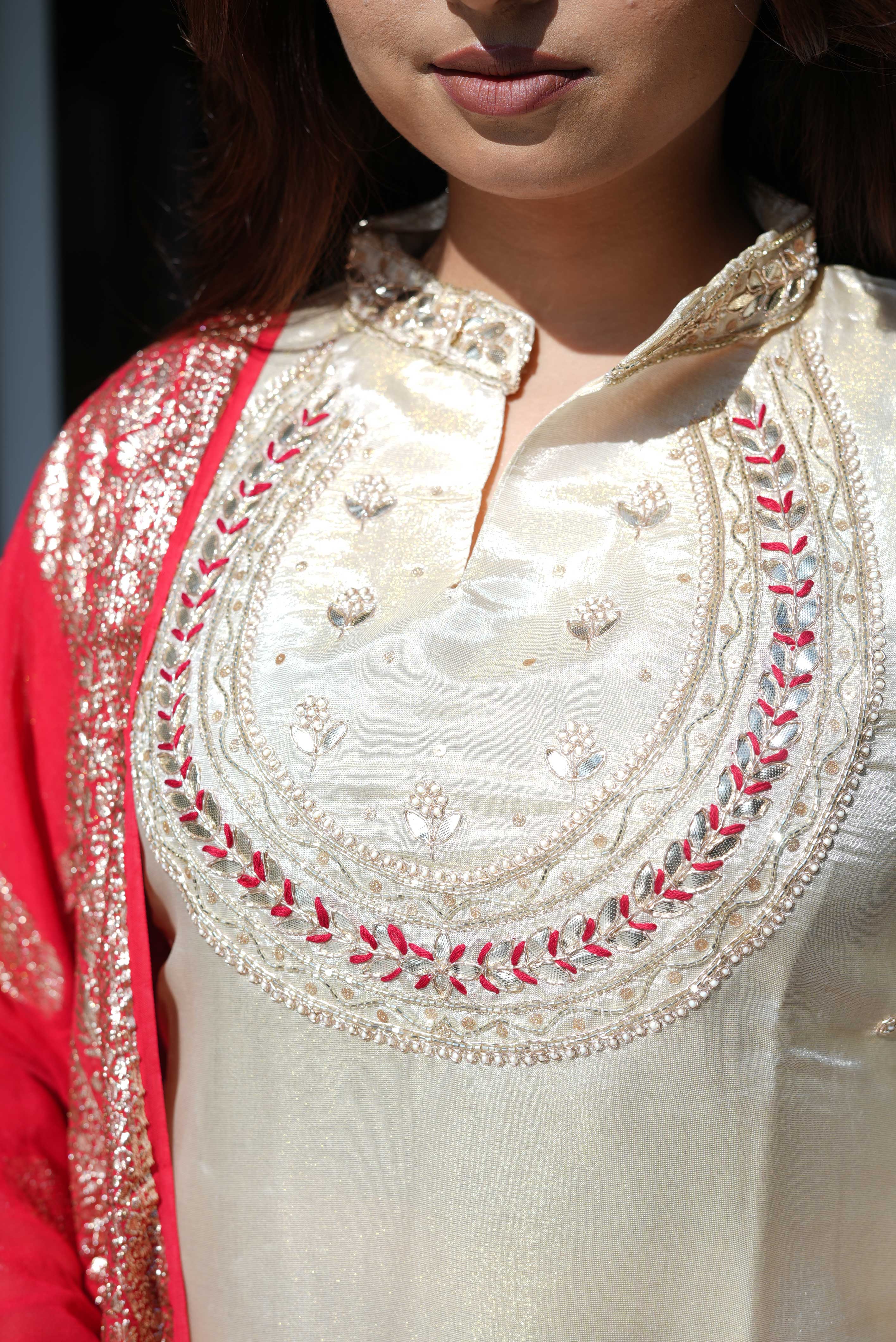 Ivory Regal Charm Suit Set with Red Zari Dupatta